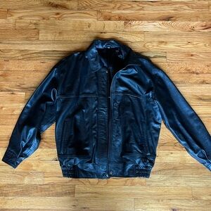Black faux leather bomber jacket!